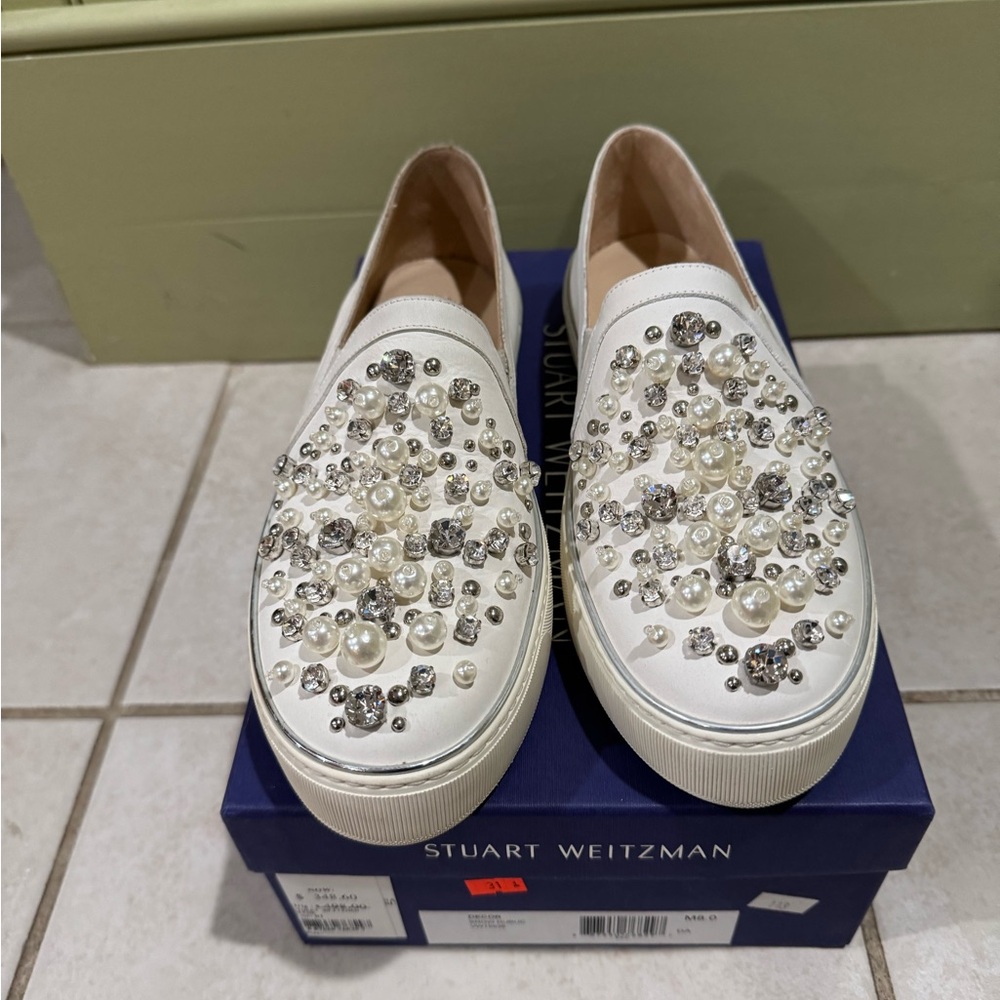 Stuart Weitzman Pearl and Crystal White Slip-Ons